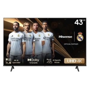 The Hisense 43A6N is a 43-inch class (approx 108 cm) UHD Smart TV in the A6N Series. It features a native 4K resolution (3840×2160), supports Dolby Vision, has an AI 4K Upscaler, and offers gaming-friendly features such as Game Mode Plus with ALLM/VRR. The smart platform is either Vidaa OS or Google TV depending on region. Hisense SA +2 Hisense-USA +2 Key Features 4K UHD resolution: 3840 × 2160. Display Specifications +1 HDR support: Dolby Vision, HDR10 (and in some regions HDR10+). hisense-india.com +1 Gaming features: Game Mode Plus, ALLM (Auto Low Latency Mode), VRR. Hisense-USA +1 Smart platform: Vidaa OS (or Google TV in some markets) with voice control. Hisense SA +1 Colour & picture enhancements: AI 4K Upscaler, Precision Colour. Hise